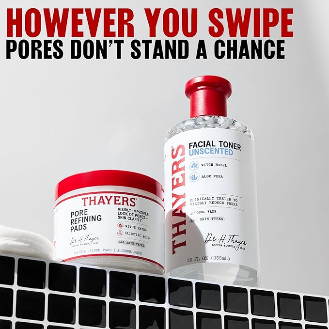 Thayers Pore Refining Toner Pads, Dual-Sided Exfoliating Pads with Witch Hazel, Salicylic Acid & Hyaluronic Acid to Improve Look of Pores and Skin Clarity, Made For All Skin Types, 60 Count