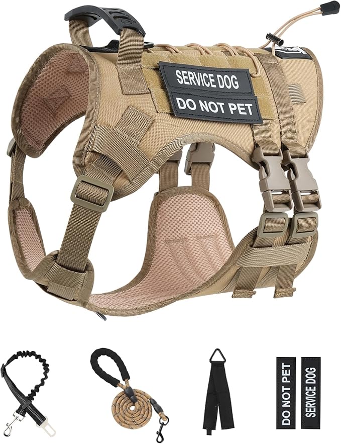 No Pull Tactical Dog Harness for Small Dogs, Escape Proof Molle Dog Vest Harness and Leash Set, Adjustable Military Service Dog Harness with Handle for Medium Large Dogs(Brown, Small)