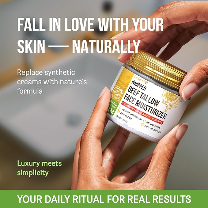 Beef Tallow for Face and Skin - Grass Fed Tallow and Honey Balm, Face Moisturizer with Liposomal Hyaluronic Acid - Day and Night Cream for Dry Sensitive Skin, Glass Jar 2.25 oz