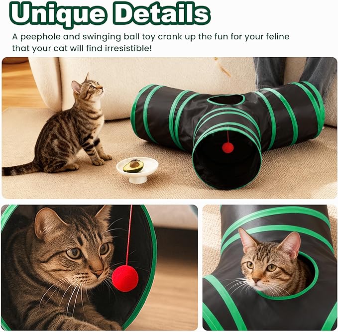 Love's cabin Cat Tunnels for Indoor Cats, Cat Tube Toys 3 Way Collapsible, Pet Play Tunnel with Peek Hole Toy Ball for Kitty, Kitten, Rabbit, Black&Green, Small Size (23.6"X13"X11")
