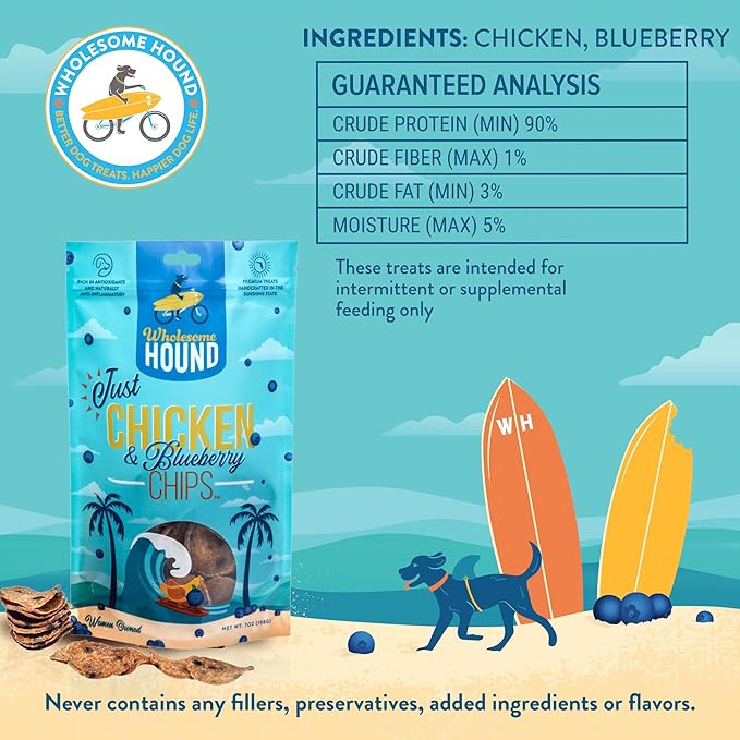 Chicken & Blueberry Chips – 2 Simple Ingredient Dog Treats, All Natural & Healthy Training Snacks for Small, Medium & Large Breeds, Puppies – High Protein, Made in USA, 7oz