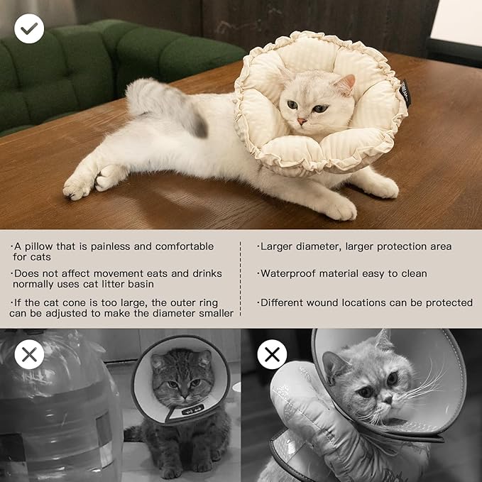H HIDREAM Soft Cat Cone Collar, Cute Adjustable Cat Recovery Collar,Elizabethan e Collar That can Protect Head and Foot Wounds,Egg White Flower All-Season Style