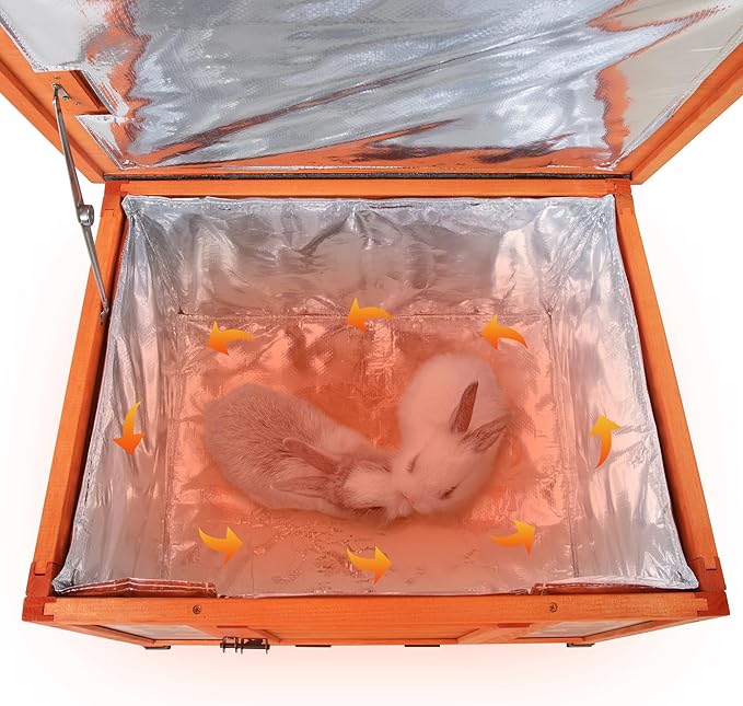 COZIWOW 25" Solid Wood Insulated Small Animal House, Heated Outdoor/Indoor Cat House Rabbit Cage with Warm Liner, Lightweight Pet Shelter with Colorful Prints for Cats, Rabbits (Orange, Winter Warm)