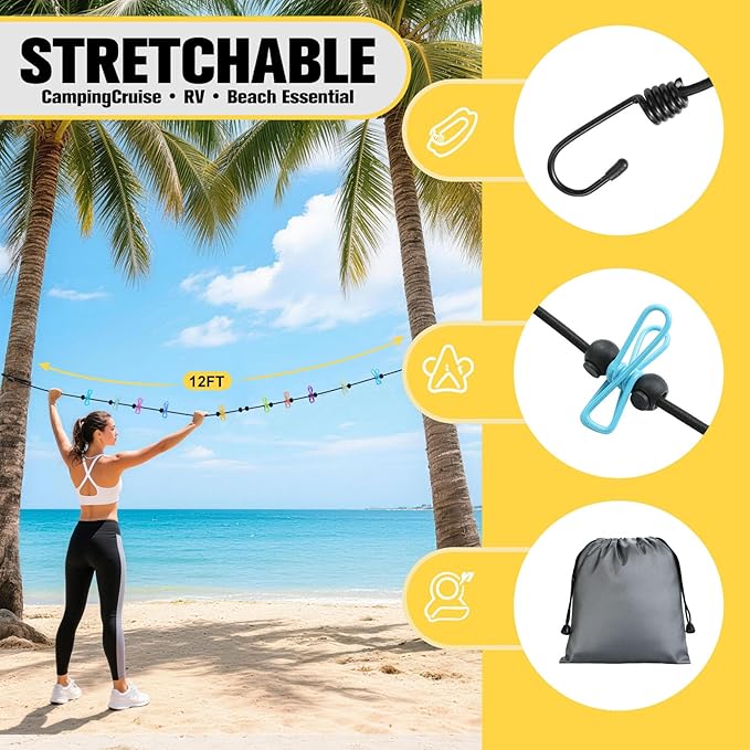 Clothesline Camping Essentials, Elastic Travel Clothes Line Camping Gear for Outdoor Glamping, Cruise and RV Must Haves, 2 Count