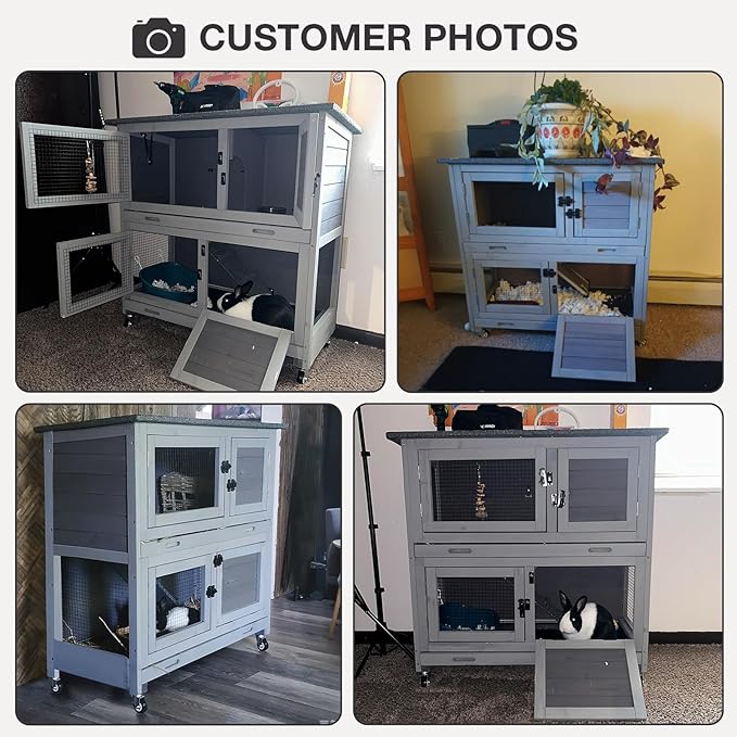 Rabbit Hutch with Trap Door Indoor Rabbit Cage with 4 Casters Bunny cage 2 Story & 2 Trays Guinea Pig Cage 36 inchs Bunny Cage