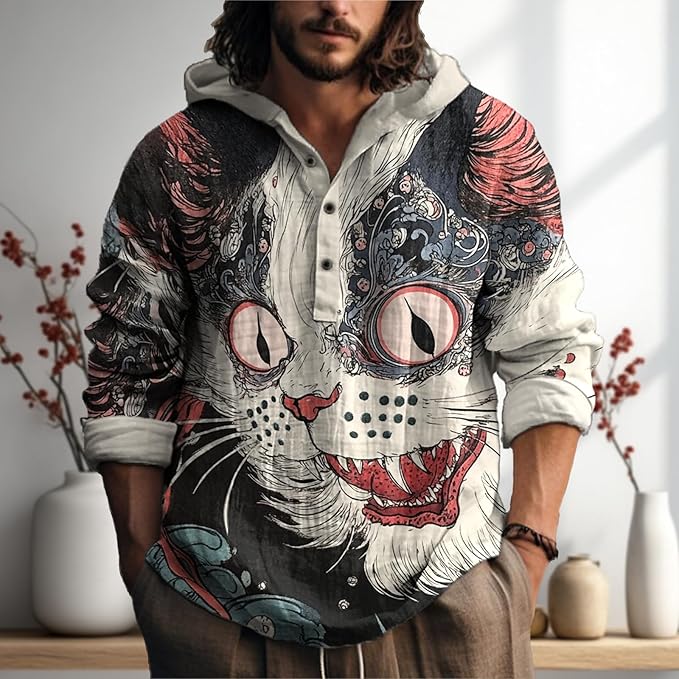 MARSVOVO Japanese Art Animal Hooded Shirt for Men Long Sleeve Quarter Button Lightweight Hoodie Cool Streetwear Tops