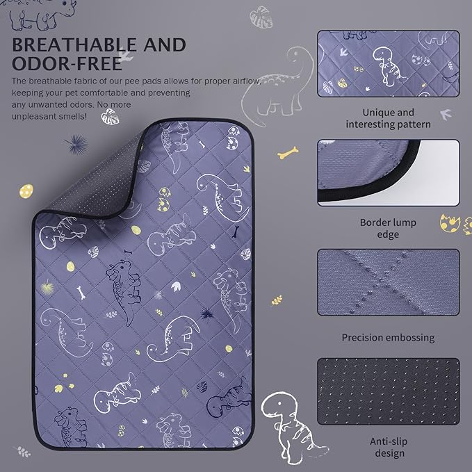 IEUUMLER Washable Pee Pads for Dogs, 2 Pack Non-Slip & Waterproof Pack Whelping Pad, Reusable Washable Puppy Potty Training Pad with Fast Absorbent for Playpen EU007 (Gray Dinosaur, 24"X18"-2pcs)
