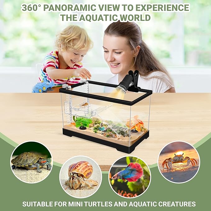 GOZILLA Mini Aquatic Turtle Tank Kit with Adjustable Lamp,PC Turtle Tank Starter Kit,Small Hermit Crab Tanks with Lid, Hanging Platform for Baby Turtles,Crabs,Fish.(11.8×7.24×7.1''/Black Kit)