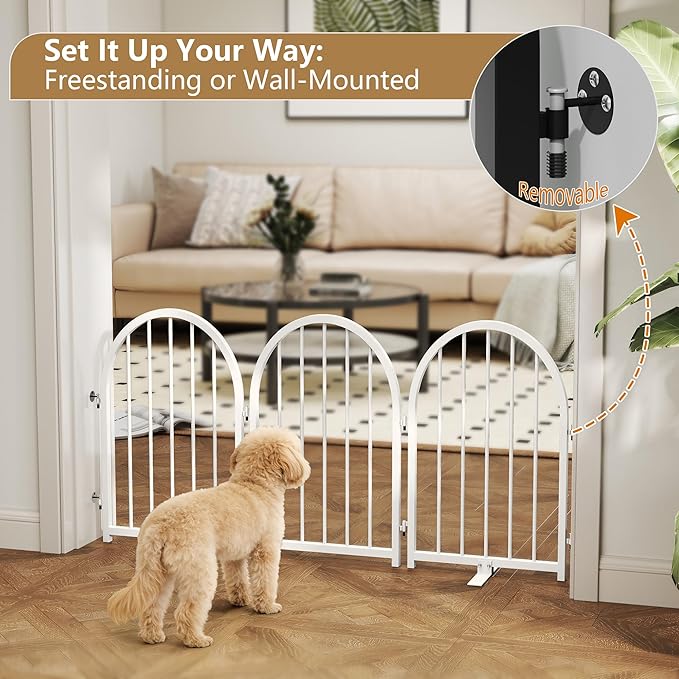 Full Metal Dog Gate for Indoor Outdoor, 24" Tall Free Standing Pet Dog Fence, 54" Wide Arched Pet Gates for Stairs, Hallways, Doorways, Kitchen, Decks, Yards (White, 3 Panels)