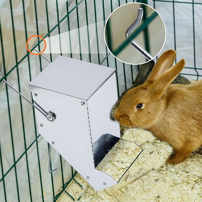 Maxcheck 2 Pcs Rabbit Feeder for Cages Small Animal Food Dispenser with Lid Metal Chicken Grit Oyster Shell Feeders Outside (3.2 Inches,Mesh Bottom,Silver)
