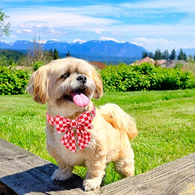 Red and Pink Plaid Dog Collarwith Bow Tie– Adjustable Red & Pink Checkered Dog Collar for Small Medium Large Dogs, Soft Xmas Plaid Puppy Collars with Quick Release Buckle XS
