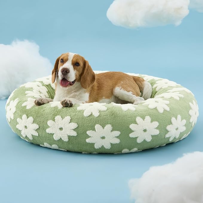 LE SURE Donut Dog Beds Large Sized Dog - Round Pet Beds for Calming Puppy with Washable Cover, Orthopedic Modern Beds with Jacquard Shaggy Plush & Anti Slip Bottom, 33 Inch,Green