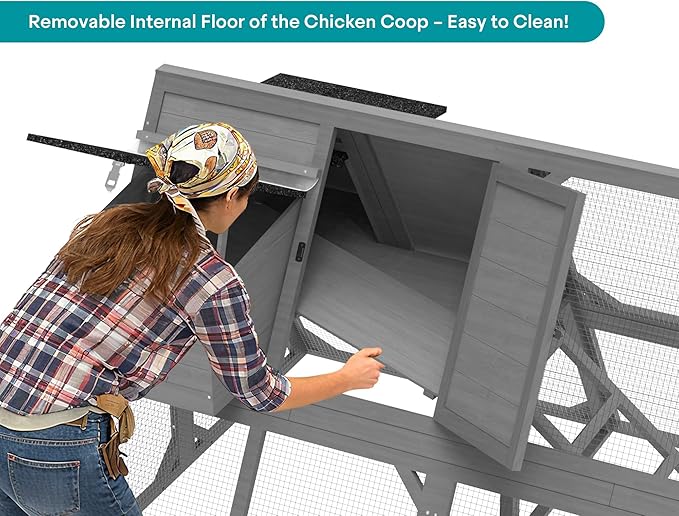 Chicken Coop for 4-8 Chickens, A-Frame Wooden Chicken Run, 95'' Outdoor Poultry Cage w/ 2 Nesting Box, Hen House w/Ventilating Wire, Waterproof Asphalt Roof, Gray