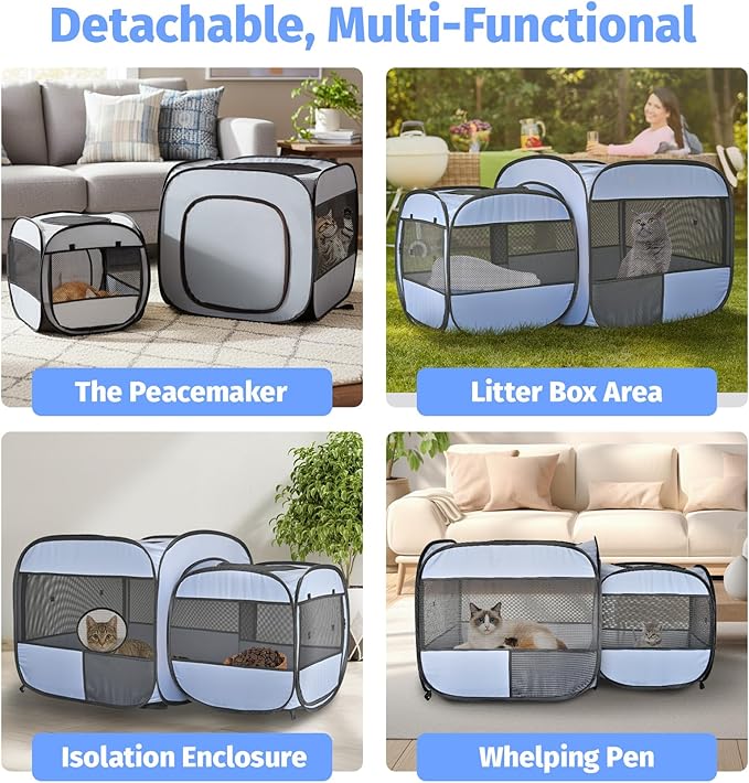 EighteenTekยฎ 2-in-1 Portable Cat Playpen, Detachable into 2 Separate Cages with Additional 2 Doors, Pop up Pet Play Pen Cat Tent House, Foldable Puppy Enclosure Kitten Crates Indoors Outdoor(Grey)
