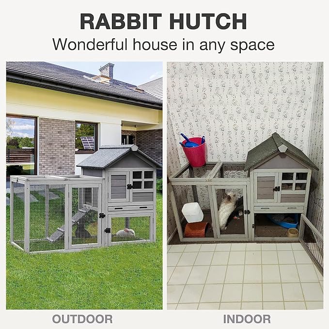 Rabbit Hutch Indoor Outdoor Bunny Cage with 5 Access Doors, Run, Pull-Out Deeper Leakproof Tray and Waterproof Roof