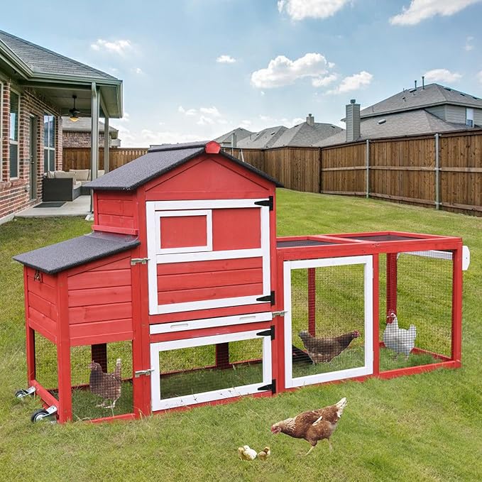 Aivituvin Chicken Coop Expandable Mobile Chicken House for Outdoor with Wheels, Nesting Box, Leakproof Pull-on Tray and UV-Resistant Roof Panel (Red)