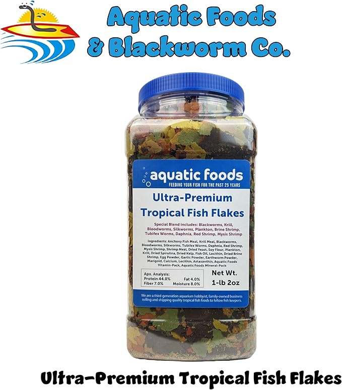 Aquatic Foods Inc. Ultra-Premium 8-Type Special Blend of Tropical Fish Flakes for Discus, Cichlids, Angel Fish, Guppies. Tetras, All Tropicals. AF Flakes…1-lb 2oz Lg Jar
