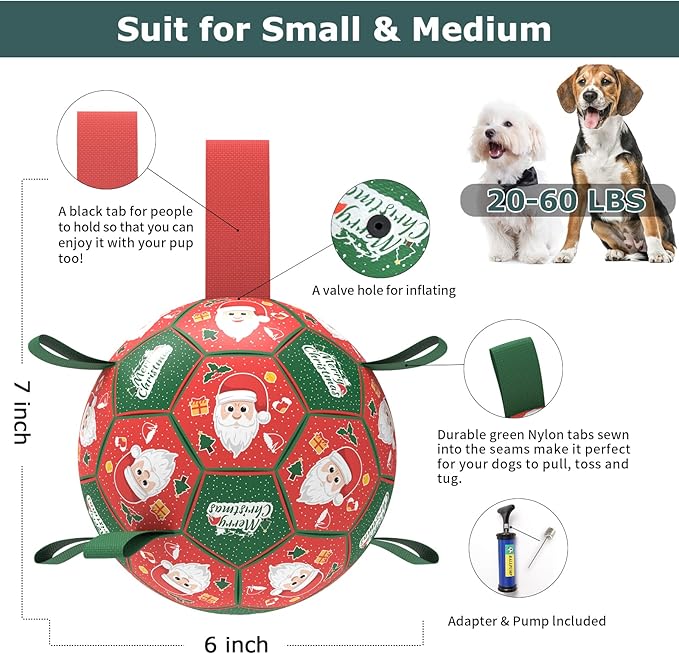 QDAN Christmas Dog Balls with Straps, Soccer Ball for Dogs for Small Medium Pet, Interactive Rope Toys, Puppy Birthday Gifts (6 Inch)