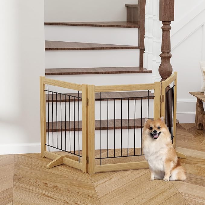 Wire Dog Gate Solid Wood Frame, Anti-Chewing Pet Gate Indoor Freestanding Indoor Foldable Dog Fences for Stairs, House, Doorway Extra Wide, 3-Panel, 60" Wide Oak Color