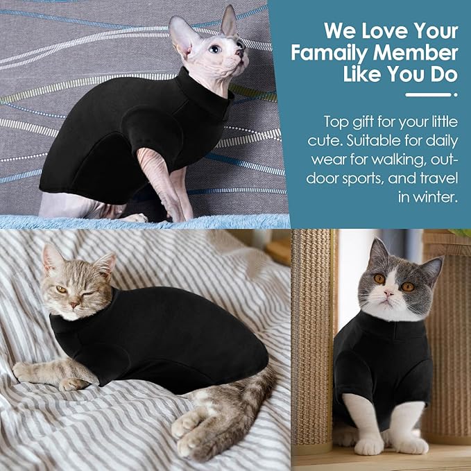 SUNFURA Turtleneck Sweater for Cat, Sphynx Cats Shirt Hairless Cat Sweaters with Sleeves, Warm and Soft Kitten Pullover Fleece Winter Pajamas Jumpsuit for Puppy Cats, Black M