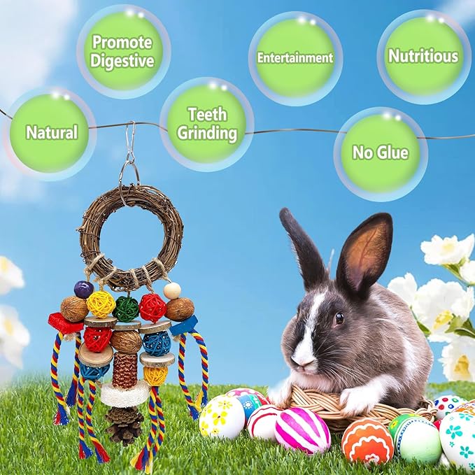 Bunny Chew Treats Toy for Teeth, 2PCS Rabbit Cage Hanging Chew Toys and Rattan Ring with Snack,Natural Material Chinchilla Treats Toys for Guinea Pig Gerbils Hamster Rat Teeth Grinding