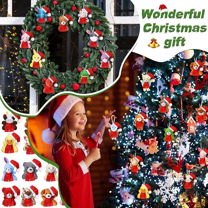 Skylety 50 Pcs Mini Christmas Stuffed Animals Bulk Small Christmas Tree Decorations Tiny Cute Plush Keychain Doll Toy for Holiday Xmas Party Favor Gift Classroom Prizes(Santa Style,Cute Color)
