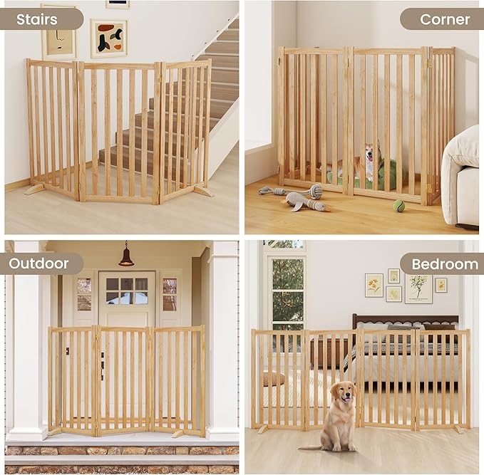 Wire Dog Gate Solid Wood Frame, 36" Height, Anti-Chewing Pet Gate Indoor Freestanding Indoor Foldable Dog Fences for Stairs, House, Doorway Extra Wide, 4-Panel, 60" Wide, Natural