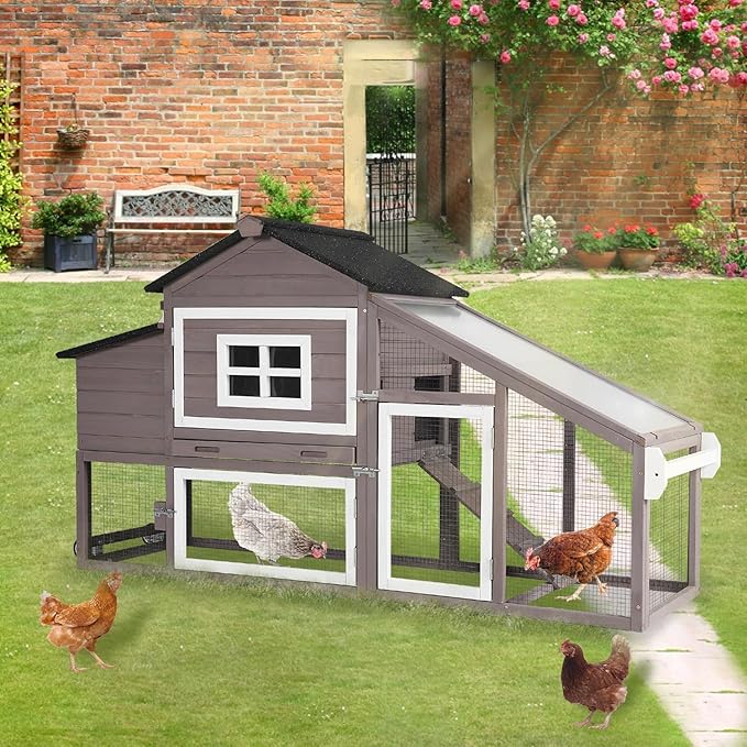 Chicken Coop with Wheels, Mobile Outdoor Chicken House with Leakproof Pull-on Tray, Nesting Box, Waterproof Roof - Brown