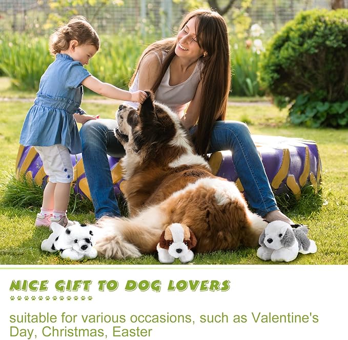 Skylety 3 Pcs 7.87 Inches Dog Stuffed Animal Plush Dogs Soft Plush Toy Pillow Fluffy Puppy Set for Puppy Birthday Party Favor Home Decor(St. Bernard, Shepherd, Spotted Dog)