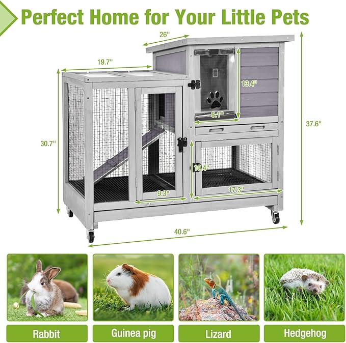 Indoor Rabbit Bunny Hutch Outdoor, Guinea Pig Cages with Removable Bottom Wire Netting - Easy Clean