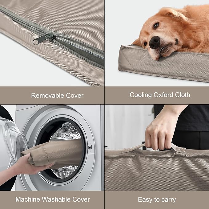 Outdoor Large Washable Dog Bed, Orthopedic Egg Crate Foam Dog Crate Mat for Large Dogs with Removable Oxford Cooling Cover, Khaki