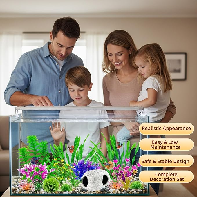 Aquarium Decorations Set, 16Pieces Artificial Plastic Plants & Smooth Fish Cave Rock, Non-Damaging Ornaments for Fish Tank with Gift Box Packaging, Goldfish & Betta Fish Tank Accessories
