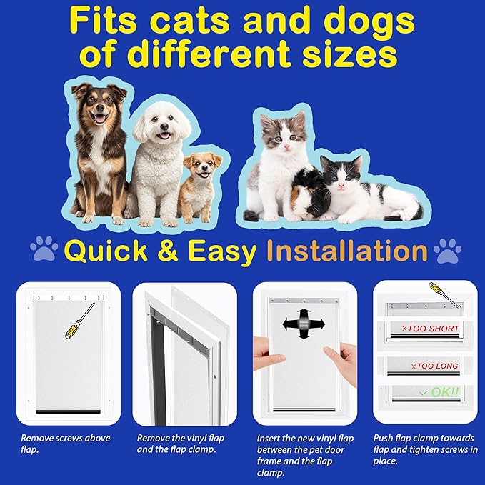2 Pack Large Dog Door Replacement Flaps with Screws, Compatible with Petsafe Freedom Doggie Doors, PAC11-11039 10 1/8" X 16 7/8" Magnetic Closure, Weather Resistant Flexible (Frosted Transparent)