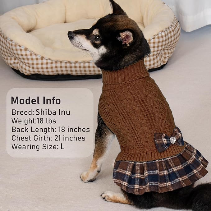 KYEESE Dog Sweater Warm Pullover Pet Coats Thick Dog Sweaters for Small Dogs Male Comfy Dogs Clothes with Bowtie Stretchy Knitwear Pet Sweater Dress Soft Turtleneck Cat Sweaters, Brown, Medium