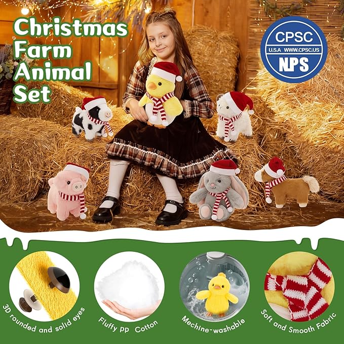 MaoGoLan 6 Pieces Plush Farm Animals with Christmas Outfits, Stuffed Horse Cow Sheep Pig Chicken Bunny Bulk Farm Animal Toys for Girls Kids Christmas Decorations Valentine's Day Easter Gifts