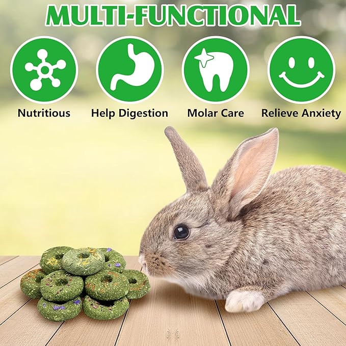 Fhiny Rabbit Chew Toys, 24 PCS Natural Timothy Hay & Flowers Biscuit Guinea Pig Chew Snacks for Teeth Handmade Small Animal Molar Treats for Bunny Guinea Pig Chinchilla Hamster Gerbil Dental Care