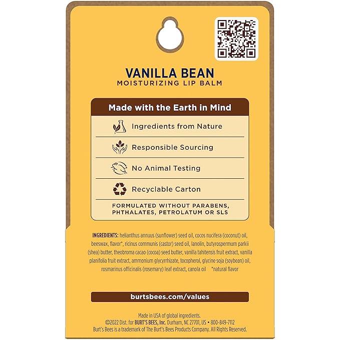 Burt's Bees Lip Balm - Vanilla Bean, Lip Moisturizer With Responsibly Sourced Beeswax, Tint-Free, Natural Origin Conditioning Treatment, 2 Tubes, 0.15 oz.