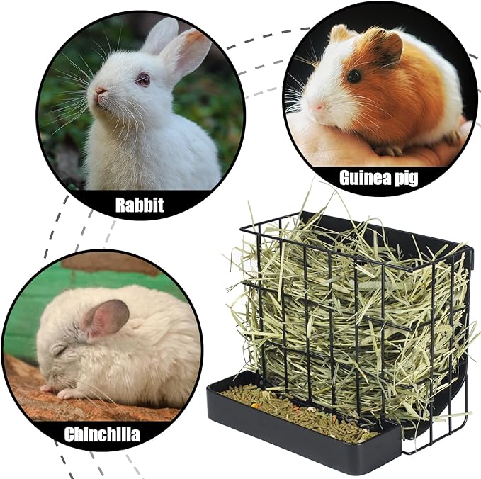 Rabbit Hay Feeder Guinea Pig Hay Holder with Hook Heavy-Duty Metal,Internal Sloping Design,Hay Feeder for Bunny,Rabbit,Chinchillas,Comes with Two Multifunctional Zippers