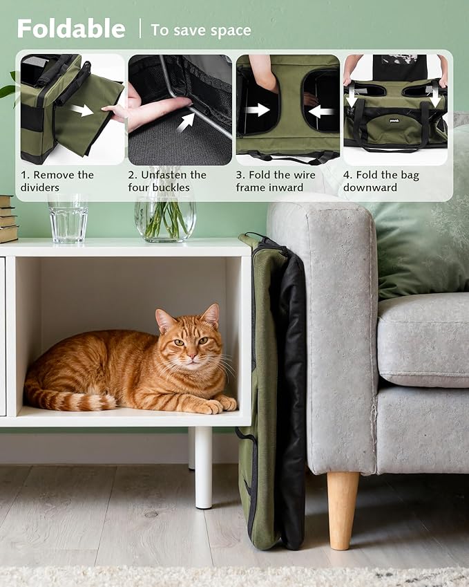 Pecute Large Cat Carrier for 2 Cats Built-in Steel Frame & Removable Divider,Pet Carrier for Car Travel,Foldable Dog Crate,Soft Double Cat Crate with Breathable Mesh,Vet,Green