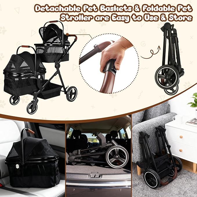 Foldable Double Pet Stroller for 2 Small Medium Cats Dogs, Lightweight Single and Double Integrated Pet Stroller with Detachable Carriers