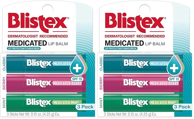 Blistex Medicated Lip Balm 3 Count, 0.15 Oz Each, Classic, Mint and Berry Flavor, Soothes and Protects, Advanced Medicated Lip Care for Dry, Chapped Lips, SPF 15 Sun Protection, 2 Pack