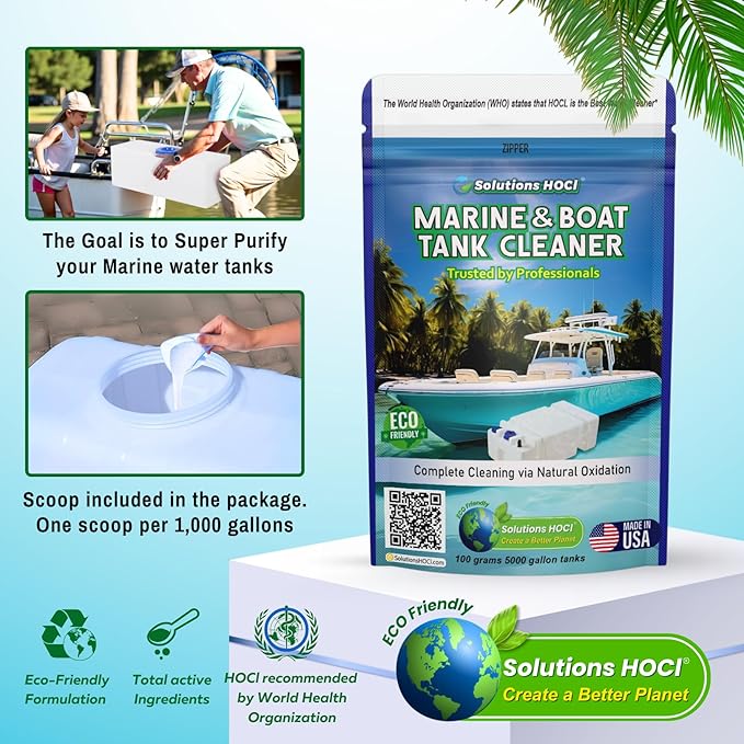 Solutions HOCL Marine & Boat Water Tank Cleaner – Eco-Friendly Powder for Black Tank Treatment Marine Water Tank Cleaning Biofilm & Odor Removal – 100G