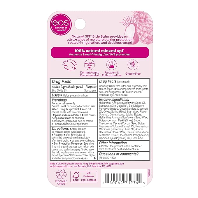 eos Natural SPF 15 Lip Balm- Pineapple Coconut, Daily Protection, Water Resistant, SPF Lip Balm, Sun Care, Sunblock for Lips, 0.14 oz (Pack of 2)