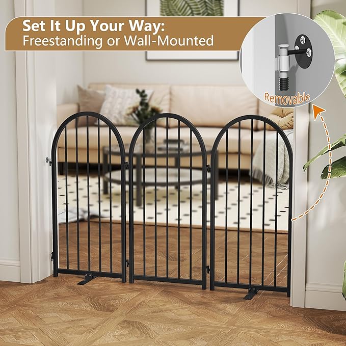 Full Metal Dog Gate with Door for Indoor Outdoor, 32" Tall Free Standing Pet Dog Fence, 108" Extra Wide Pet Gates for Stairs, Hallways, Doorways, Kitchen, Decks, Yards (Black, 6 Panels)