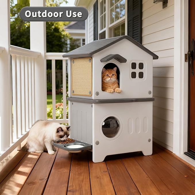 Rockever Outdoor Cat House, 2-Story Waterproof Cat House for Outdoor Cats with Escape Door, Elevated Feral Cat House Indoor, Sturdy Stainless Steel Bowl & Scratching Post, Clean Easily(Grey)