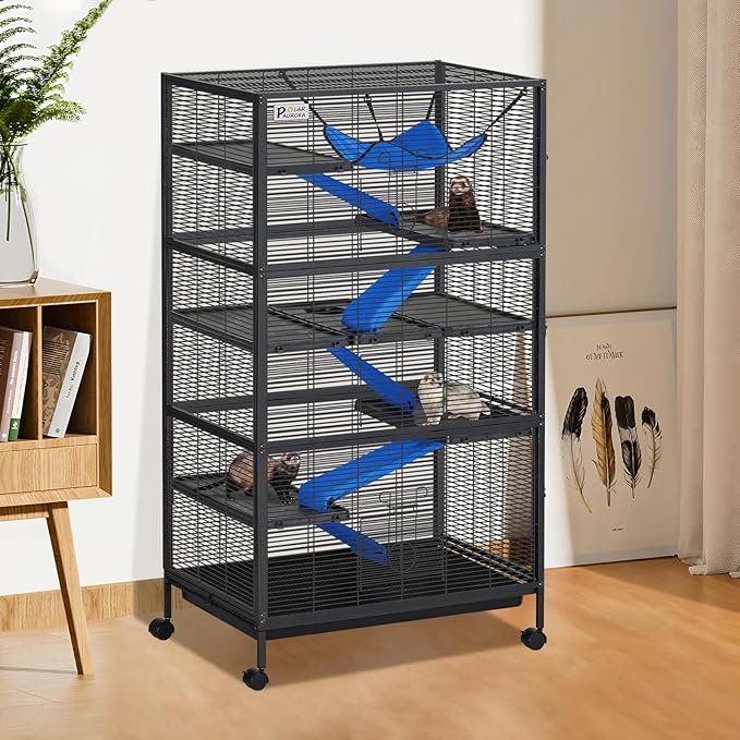 Polar Aurora Metal Small Animal Cage, 59" H Ferret Cage with Lockable Wheels, Deluxe Chinchilla Cages with Hammock and Removable Tray, 6 Tiers Critter Nation Cages for Pets (XL)