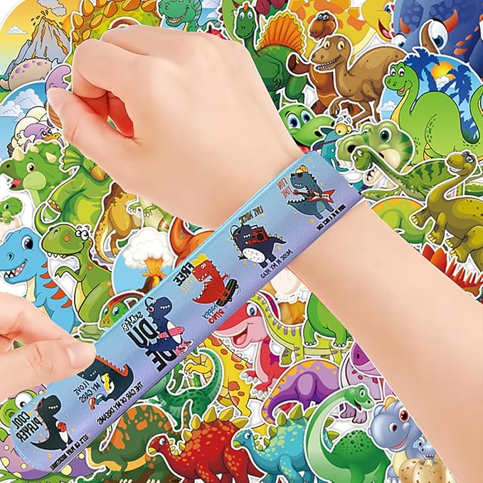 74Pcs Dinosaur Theme Party Favors Contain 24 Pcs Slap Bracelets 50Pcs Stickers, Dino Theme Birthday Party Decorations,Classroom Rewards Supplies.