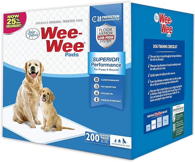 Four Paws Wee-Wee Superior Performance Unscented Pee Pads for Dogs & Puppies, Quilted Leak-Proof Dog Housebreaking Potty Training Floor Protection, 22" x 23", 200 Count
