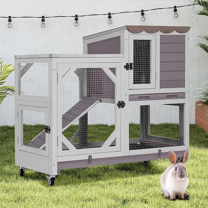 GUTINNEEN 2-Story Rabbit Hutch Indoor Bunny Cage Outdoor Guinea Pig House Wooden Small Animal Cage with Chew-Proof Ramp, Leak-Proof Tray, Lockable Wheels for 2-4 Rabbits, Guinea Pigs (Grey)