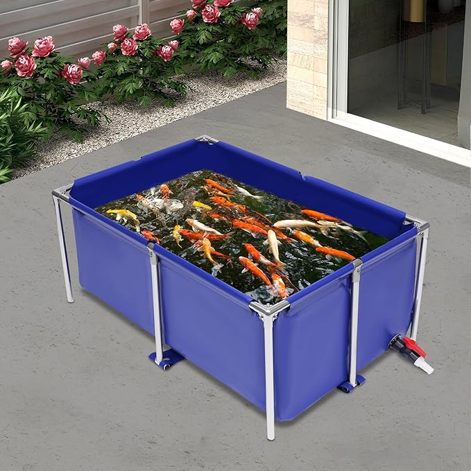 Canvas Fish Pond Cuboid Above Ground Fish Pond Foldable Temporary Fish Tank with Drain Valve, Portable Indoor Outdoor Koi Breeding Pond Aquarium Water Tank